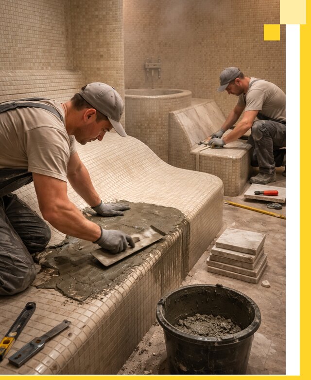 Лежаки для хамама под ключ в Соколе, проект и монтаж